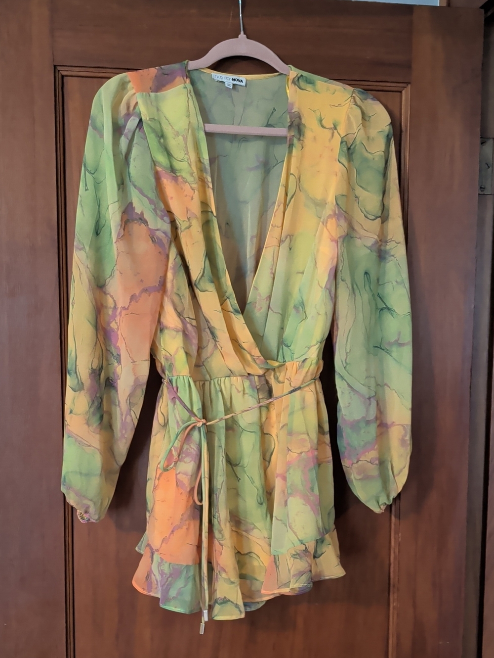 Fashion Nova Yellow Green Marble Print Romper with Purple Accents